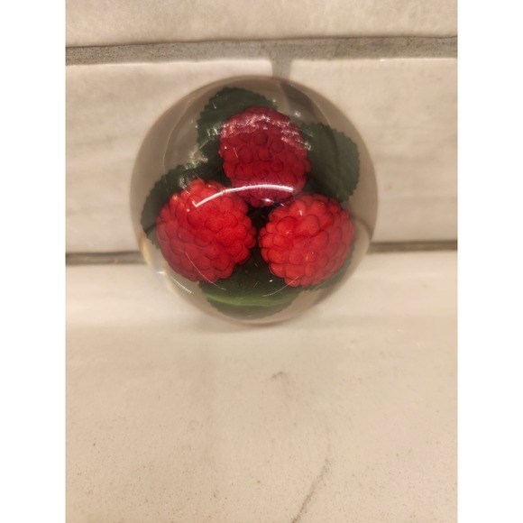 Other - Vintage Domed Clear Acrylic Lucite And Red Raspberry Fruit Paperweight 3 Inches‎
